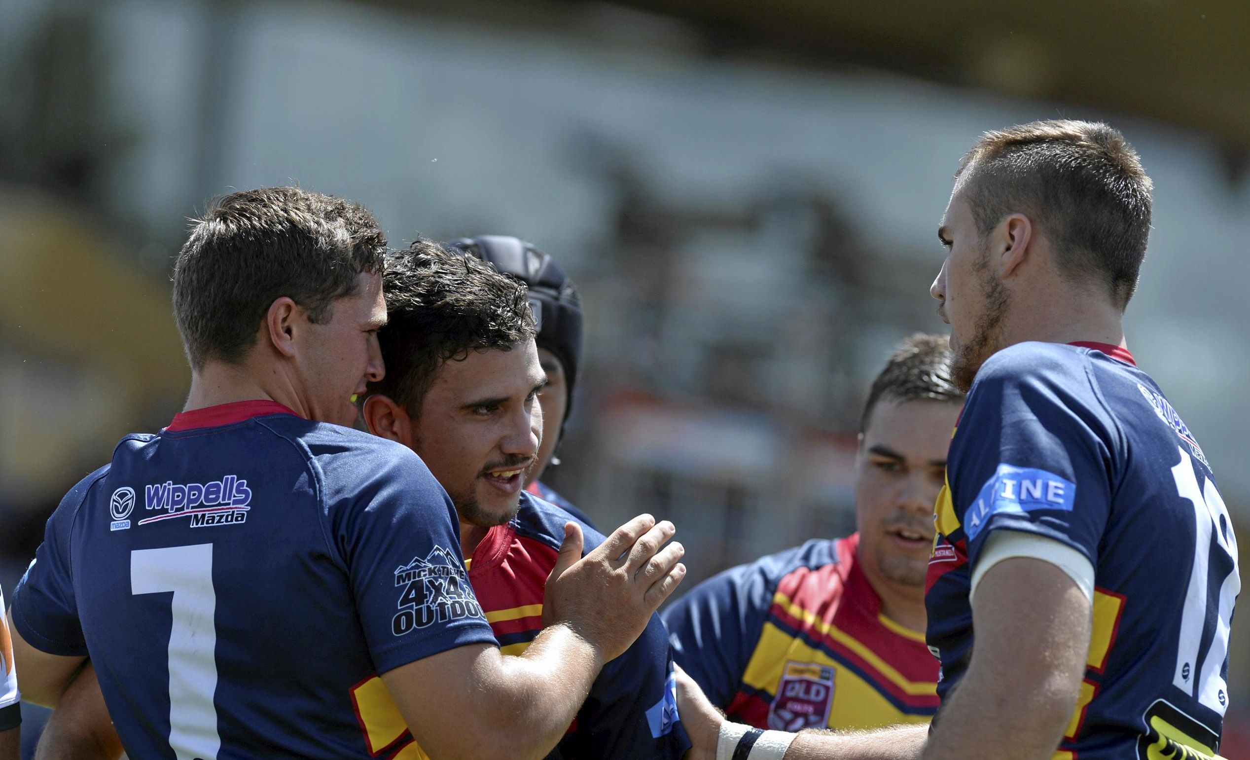 Western Mustangs celebrate a Wally Pegler try against Ipswich Jets in round 3 Colts under 20 rugby league at Clive Berghofer Stadium, Sunday, March 25, 2018. Picture: Kevin Farmer