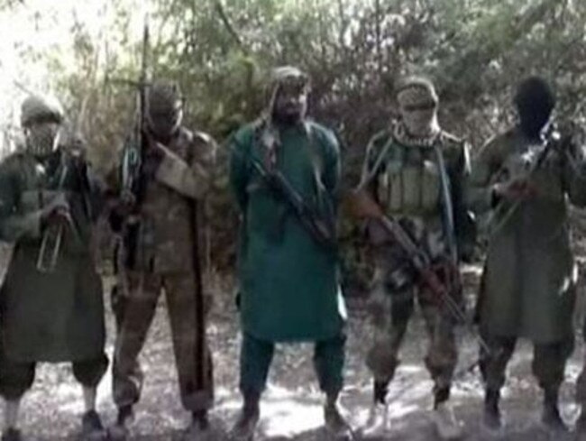 Screenshot from a video that reportedly shows Abubakar Shekau (centre), the suspected leader of Nigerian Islamist extremist group Boko Haram.