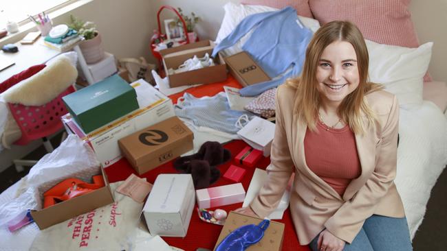 Rebecca Strickland, from Dulwich Hill in Sydney’s southwest at home with some of the purchases she has bought using buy now pay later scheme Afterpay. Picture: Justin Lloyd.