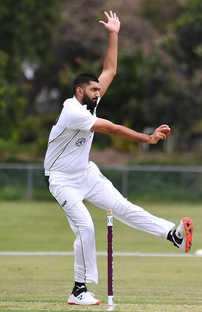 Souths bowler Harmon Sandhu South Brisbane v Wests in the Sci-Fleet first grade competition. Saturday October 1, 2022. Picture, John Gass