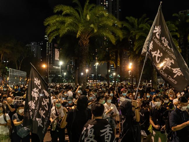 Thousands gathered in Victoria Park to mark the 1989 Tiananmen Square Massacre despite a police ban citing coronavirus social distancing restrictions. Picture: Anthony Kwan/Getty Images