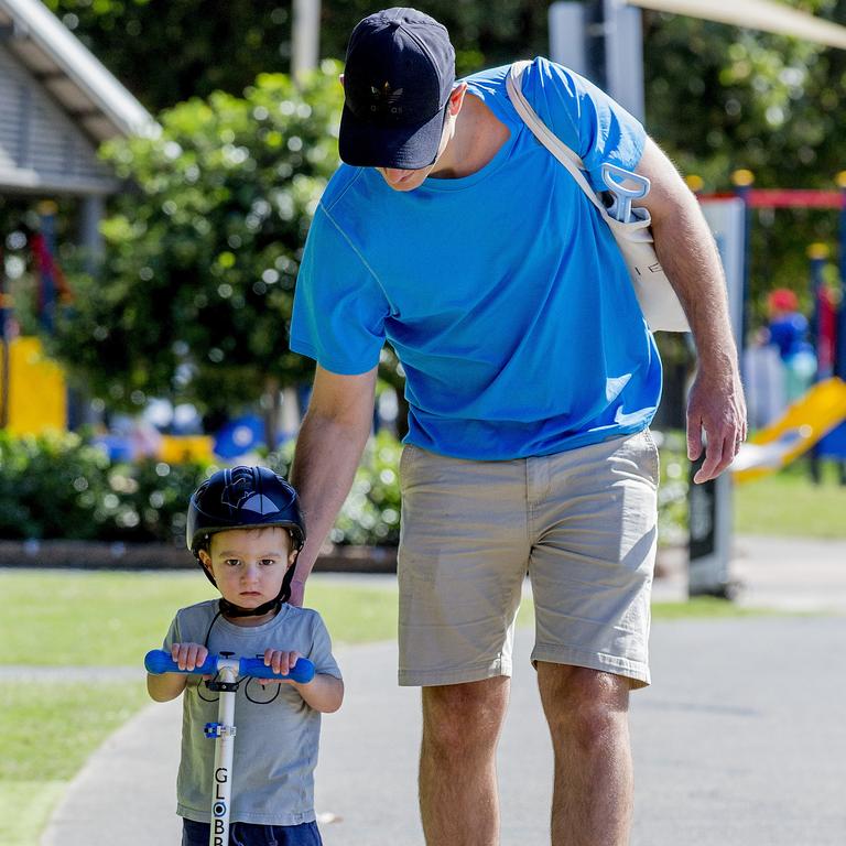 <p>Faces of the Gold Coast at Paradise Point. Nathan Hamilton with his son August, 2. . Picture: Jerad Williams</p>