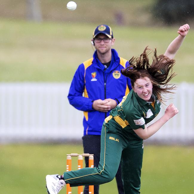 New Town’s Cassandra McLoughlin bowls. Picture: Chris Kidd