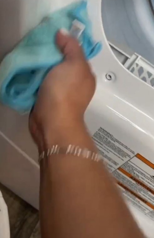 Instead, the expert advises removing the filter, washing it under a running tap to remove any build-up of fine lint and giving your dryer a wipe down. Picture: TikTok/vaneamaro91