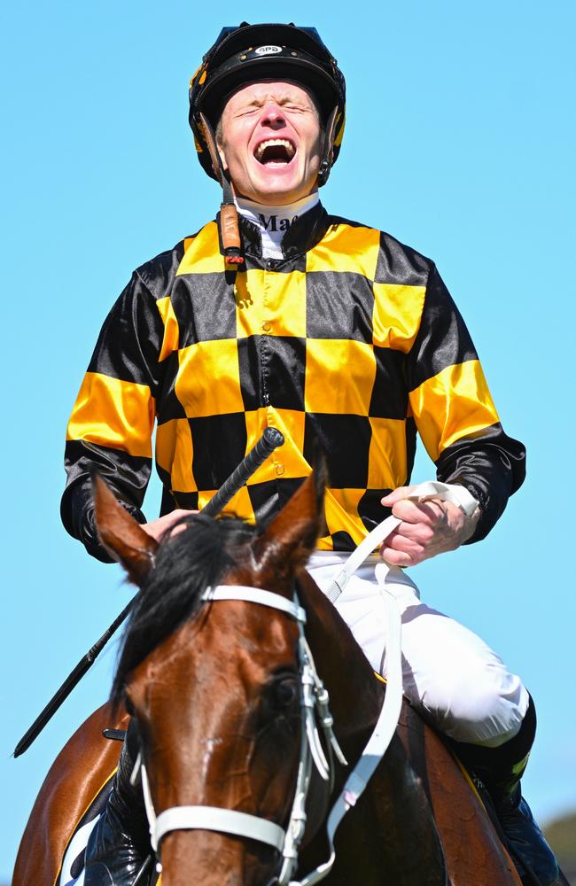 James McDonald riding Joliestar reacts after winning the Schweppes Thousand Guineas during Melbourne Racing at Caulfield Racecourse. Picture: Vince Caligiuri/Getty Images