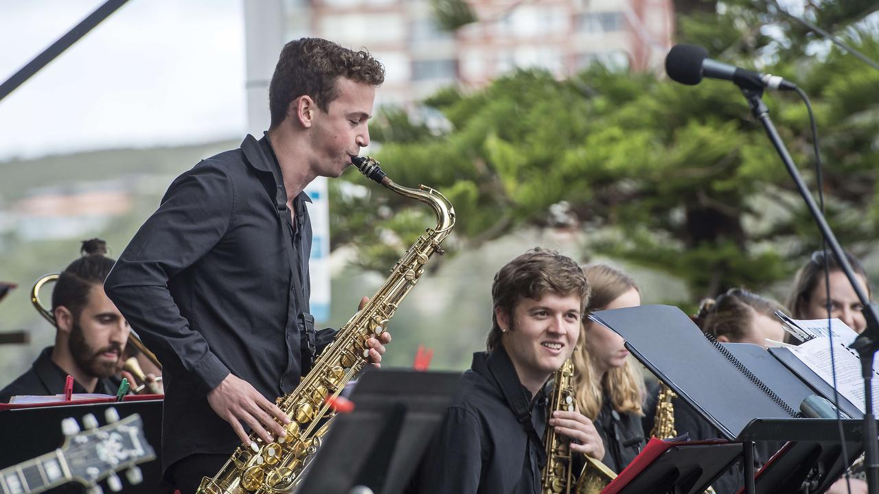 Tenor saxophonist Anthony Rositana performs a solo with The Sydney Conservatorium Jazz Orchestra during the Manly Jazz festival . Picture: Troy Snook