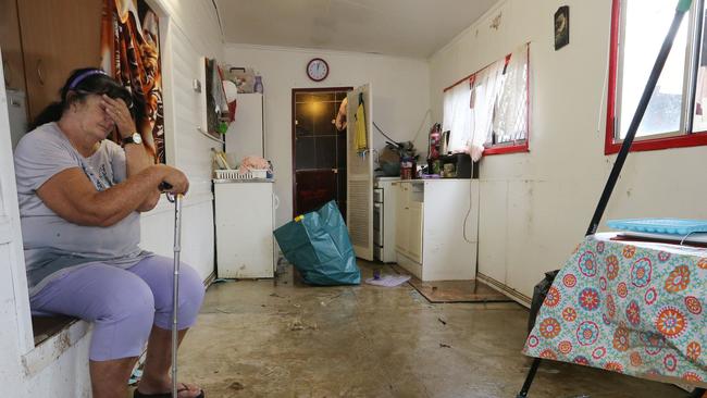 Tweed river flooding clean up at Chinderah.  caravan Park residents clean up. Pauline Mangan in tears at the mess left by floodwaters. Picture Glenn Hampson