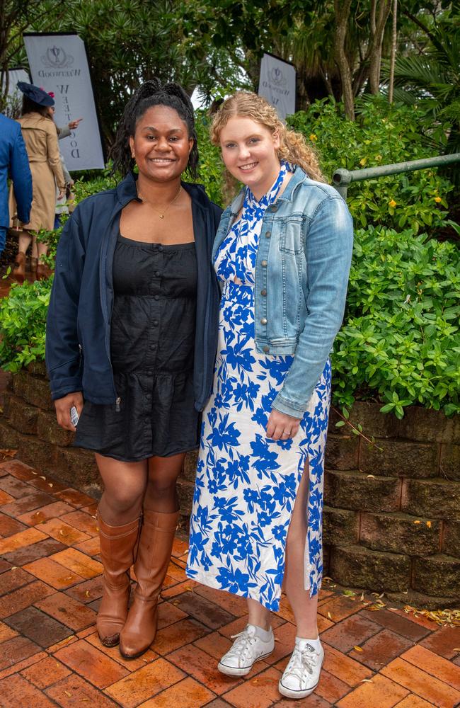 (From left) Rhema Oroge and Lucy Giesemann. Weetwood Raceday at Toowoomba Turf Club. Saturday, September 28, 2024. Picture: Nev Madsen.