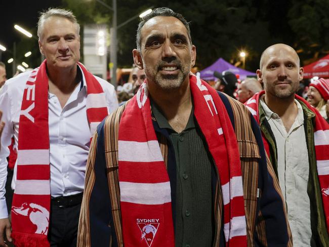 SYDNEY, AUSTRALIA - MAY 31: Former Swans Player Adam Goodes takes part in the 2005 Premiership march from Sydney Swans Headquarters to the SCG ahead of the round 12 AFL match between Sydney Swans and Adelaide Crows at Sydney Cricket Ground, on May 31, 2025, in Sydney, Australia. (Photo by Mark Evans/AFL Photos/via Getty Images)