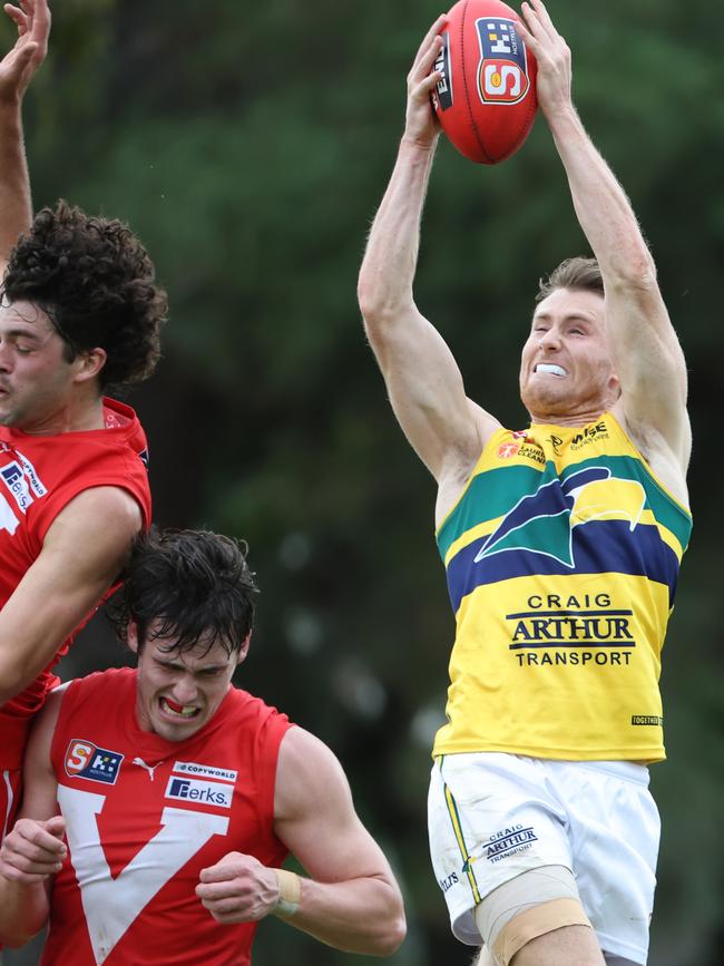 Eagles forward Clay Cameron takes a strong mark against North Adelaide at Prospect Oval. Picture: SANFL/David Mariuz.