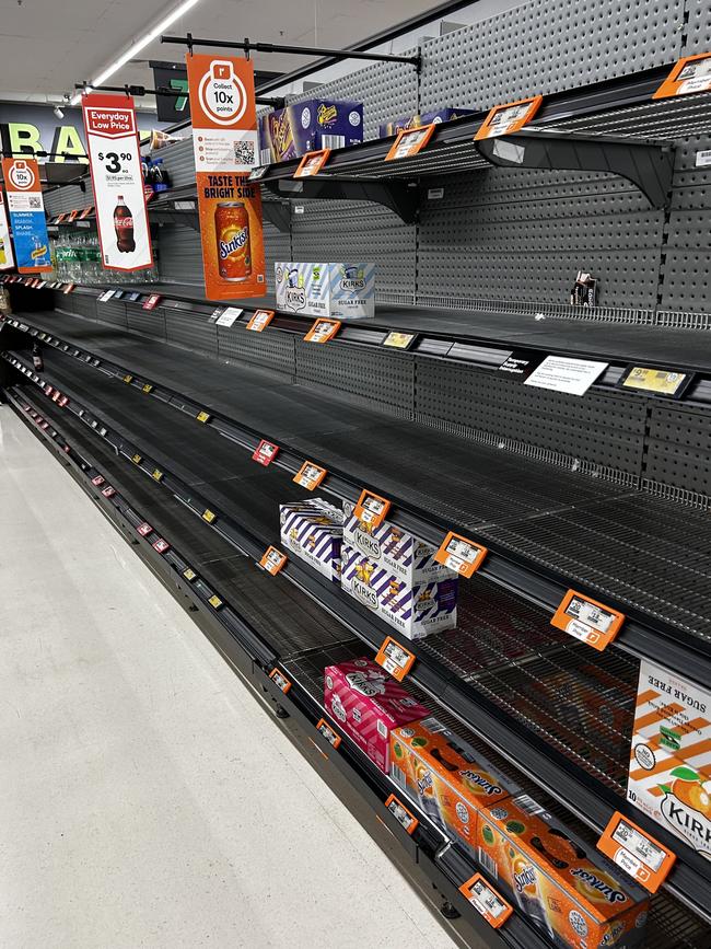 Empty shelves at Woolworths in Bundoora, Melbourne. The supermarket chain blamed the shortages on industrial action at their distribution centres. Picture: Eric Johnston