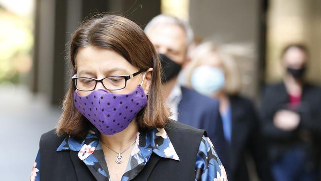 Victorian Minister for Health, Jenny Mikakos walks at a press conference last Sunday. Picture: Getty Images