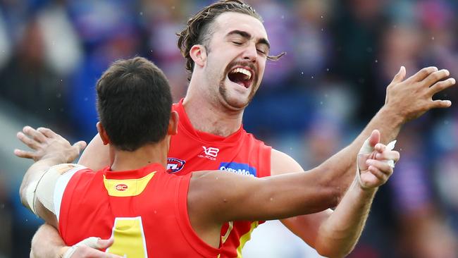 Brayden Crossley celebrates a goal with Jack Martin. Picture: Getty Images