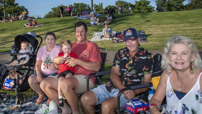 (From left) Fletcher, Lucy, Silvanna and Corey Mullins with Mark and Kaylene Leicht. Triple M Mayoral Carols by Candlelight. Sunday 8th December, 2024. Picture: Nev Madsen.