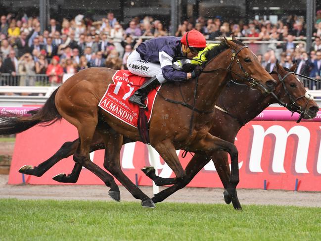 Kerrin McEvoy wins the 2016 Melbourne Cup aboard Almandin. Picture: Vince Caligiuri/Getty Images