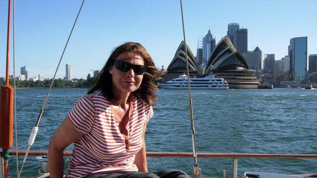 Sue Neill-Fraser on <i>The Four Winds</i> in Sydney Harbour 2008. Picture: Supplied