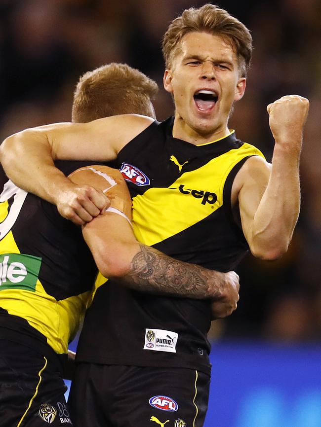 Dan Butler celebrates his goal in the fourth quarter. Picture: Michael Klein