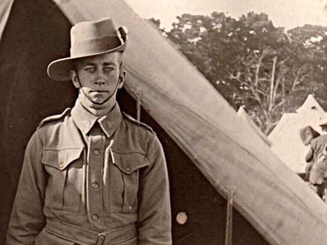 World War I soldier Frederick Einar Lange in a training camp. Picture: NICOLE McNAMEE