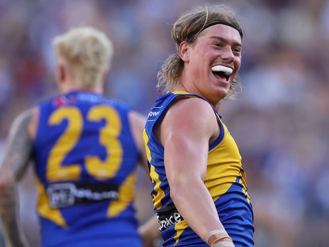 PERTH, AUSTRALIA - MARCH 30: Harley Reid of the Eagles reacts to Patrick Voss of the Dockers during the round three AFL match between West Coast Eagles and Fremantle Dockers at Optus Stadium, on March 30, 2025, in Perth, Australia. (Photo by Paul Kane/Getty Images)