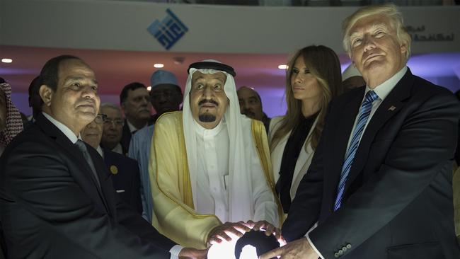 Donald Trump and wife Melania with Egyptian President Abdel Fattah el-Sisi, left, and Saudi Arabian King Salman bin Abdulaziz al-Saud. Picture: AFP