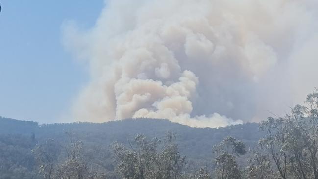 A large plume of smoke billows from the western end of the fire zone north of Briagalong in Gippsland.