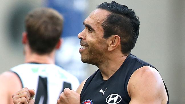 BRISBANE, AUSTRALIA - AUGUST 30: Eddie Betts of the Blues celebrates a goal during the round 14 AFL match between the Carlton Blues and the Collingwood Magpies at The Gabba on August 30, 2020 in Brisbane, Australia. (Photo by Jono Searle/AFL Photos/via Getty Images)