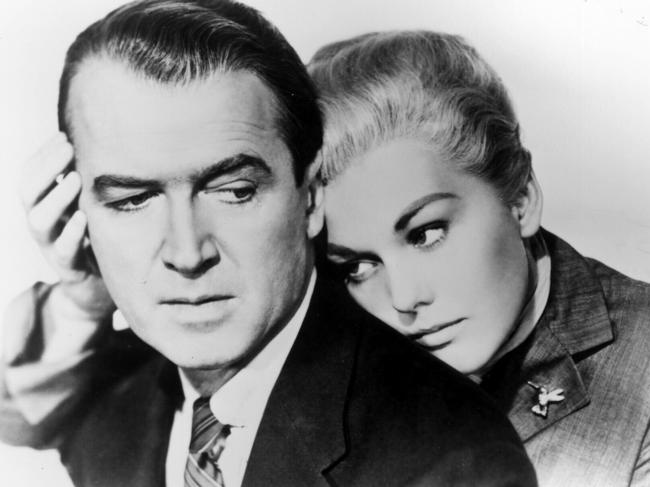 Actor James Stewart (l) with Kim Novak in scene from 1958 film "Vertigo". 1950s  /Films/Titles/Vertigo