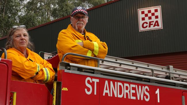 Helen Keeney, with Terry Melbourne, captained the St Andrews fire brigade during Black Saturday. Picture: George Salpigtidis