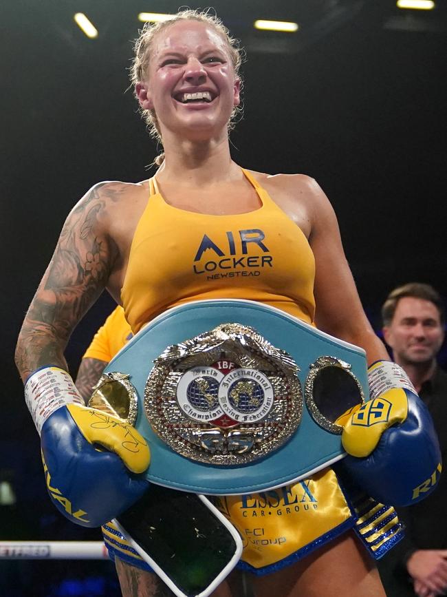 Ebanie Bridges proudly holds the IBF bantamweight world title. Picture: Tim Goode/PA Images/Getty Images