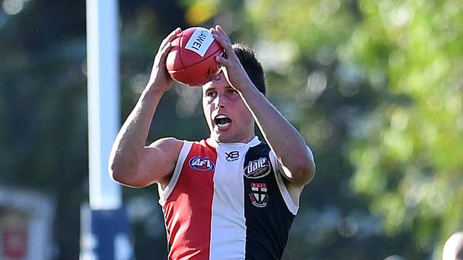 Rowan Marshall produced another monster game for St Kilda rucking against Jarrod Witts. Picture: AAP Image/Dan Peled.