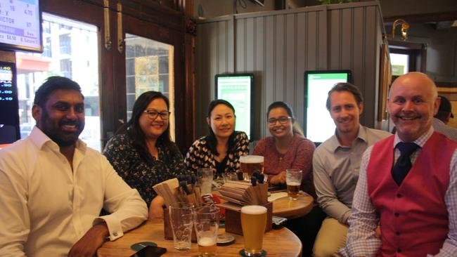 (L-R) Darren, Joy, Jess, Dola, Charlie and Steve at The Edinburgh Castle, Sydney CBD, for the Melbourne Cup. Picture: Alexi Demetriadi