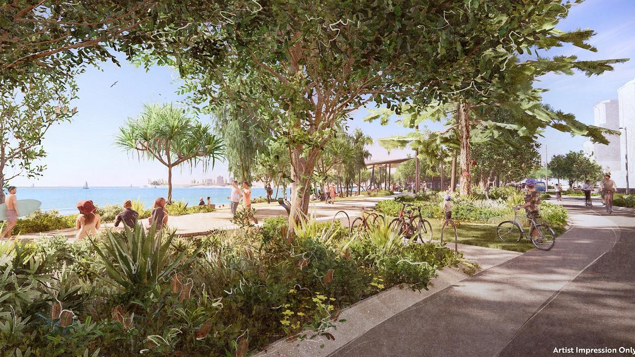 An artist's impression of the Central Meeting Place in Mooloolaba with increased beachfront parkland and new wider footpaths to allow for improved connectivity along the foreshore.