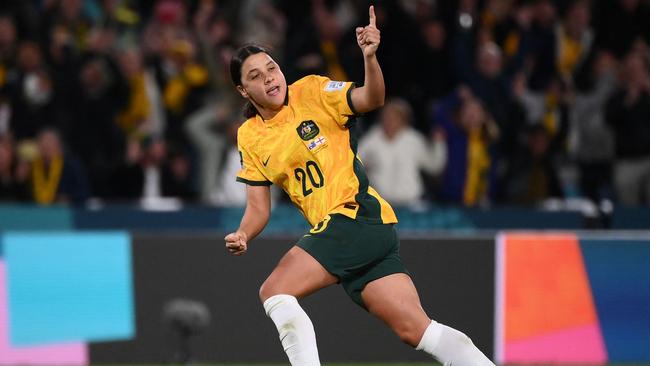 Australia's Sam Kerr celebrates after scoring her team's first goal during the Women's World Cup semi-final football match between Australia and England. Picture: Franck Fife/ AFP