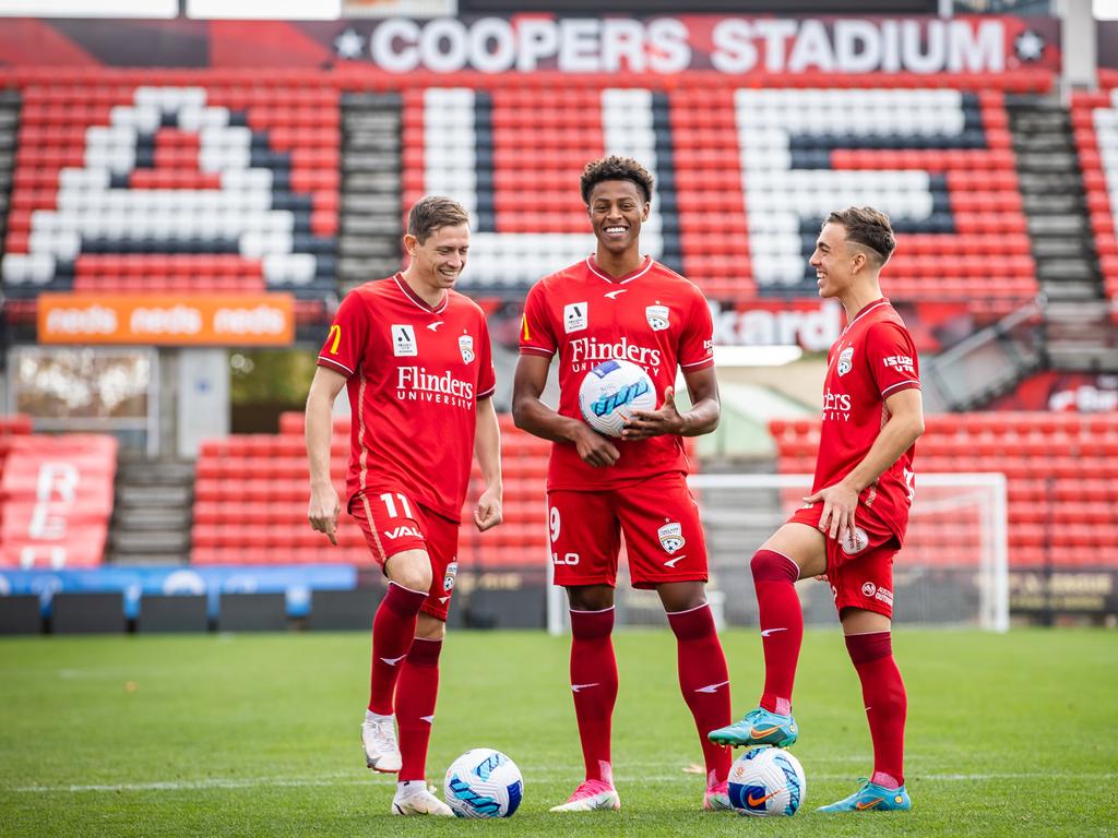 Adelaide United trio (from left) Craig Goodwin, Kusini Yengi and Bernardo are ready for Melbourne City. Picture: Tom Huntley
