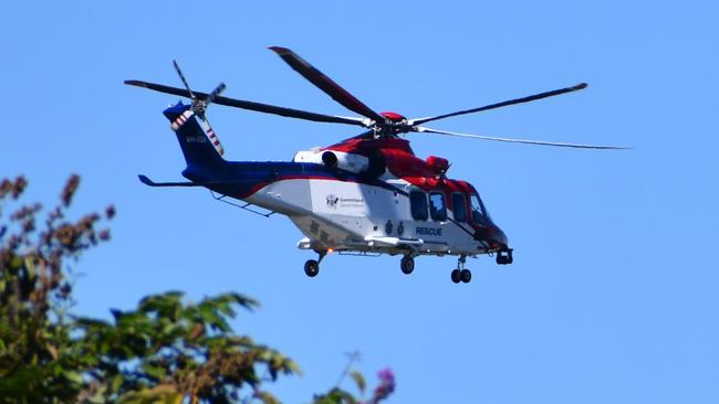 The Queensland Government Air (QGAir) rescue helicopter lifting off from Ingham Hospital travelling to Townsville University Hospital on Monday. Picture: Cameron Bates