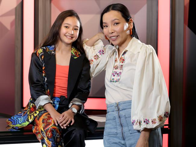 Dami Im (right) and our interviewer is Jamie Odell 9yrs, for the web series Tiny Edition where kids interview celebs, QNP Bowen Hills, on Wednesday 26th July 2023 - Photo Steve Pohlner