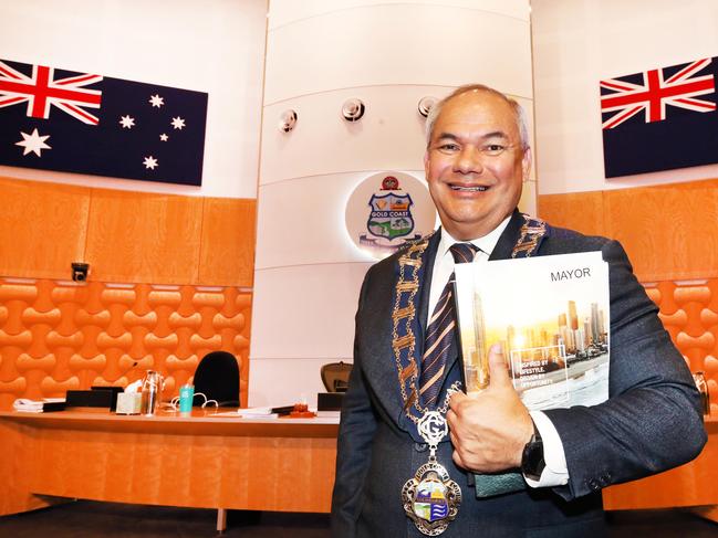 Mayor Tom Tate with the budget books in the chamber,  also councillors voting on the budget, at the Gold Coast City Council Chambers at Evandale . Picture Glenn Hampson