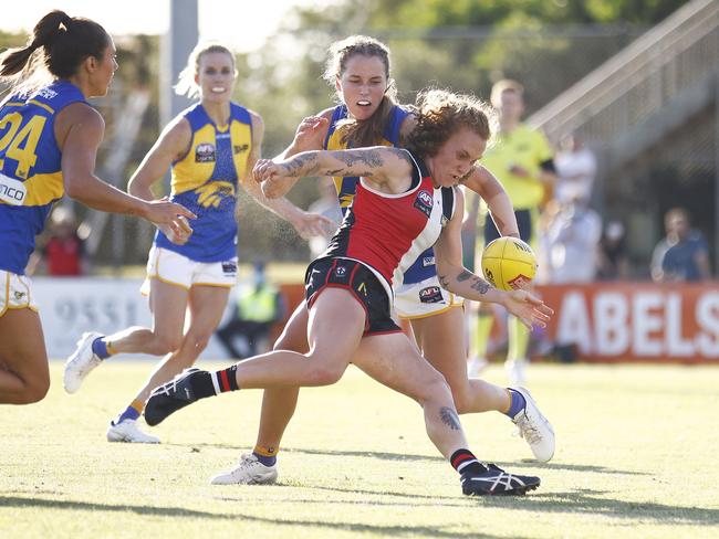 Saint Tilly Lucas-Rodd is collared during her side’s tough loss. Picture: Getty Images