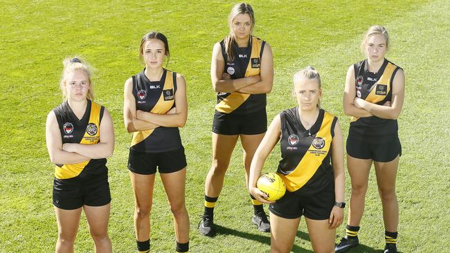 Some team members of The Kingborough Tigers, (L-R) Sophie Botterill-James, Ruby Thalmann, Halle Griggs, Laura Chatterton, Allie Blanden. Picture: MATT THOMPSON