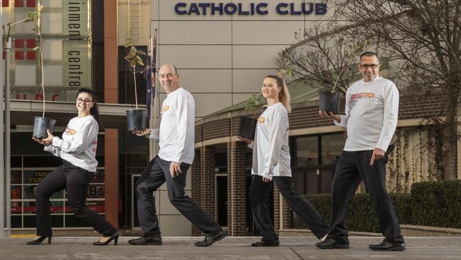 Campbelltown Catholic Club will be planting $1000 worth of eucalyptis trees across the region for Do Something Day. Staff Jessica Ciccone, Graeme Derrig, Hannah Grey and Frank Marrapodi. Photographed 12th July 2018.  (AAP IMAGE/Matthew Vasilescu)