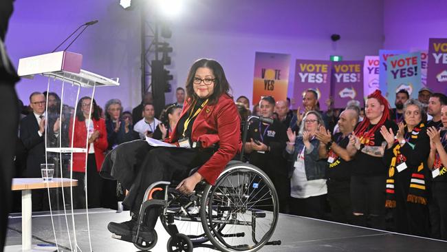 Tanya Hosch delivers a speech at the Yes23 campaign launch in Adelaide, days after having her leg amputated. Picture: NCA NewsWire / Brenton Edwards