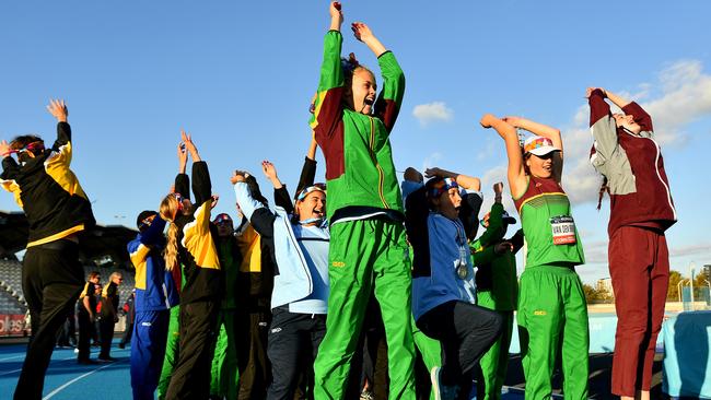 Athletes react during the closing ceremony of the Australian Little Athletics Championships at Lakeside Stadium in Albert Park, Victoria on April 23, 2023.