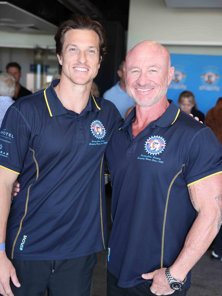 Max Beattie and Simon Harris at the Surfers Paradise Surf Life Saving Club Centenary Season Launch for Gold Coast at Large. Picture, Portia Large.