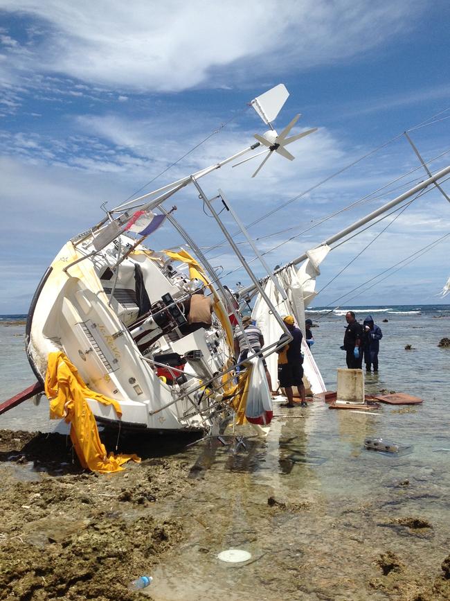 The yacht <i>JeReVe</i> ran aground off the coast of Luatatifo island near Tonga. Picture: Australian Federal Police