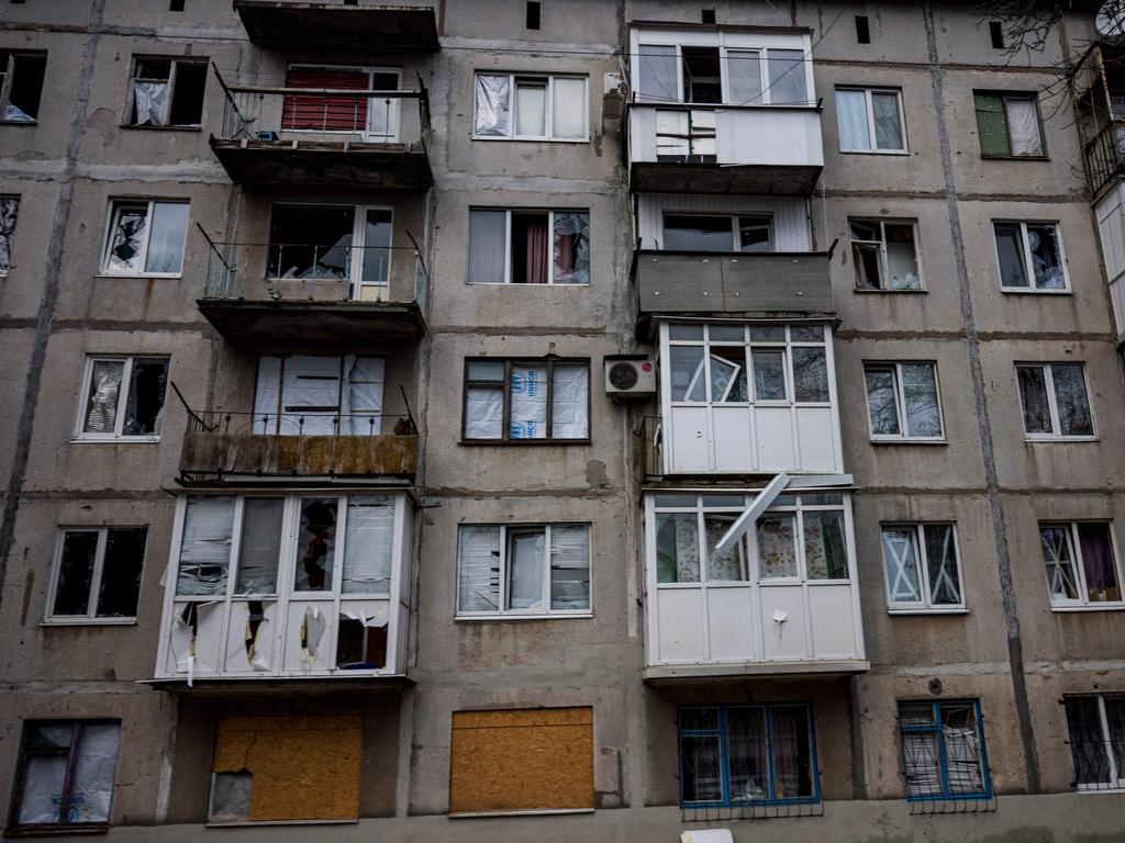 This photograph taken on October 31, 2022, shows a view of a damaged residental building after shelling in the frontline town of Bakhmut, in eastern Ukraine's Donetsk region.