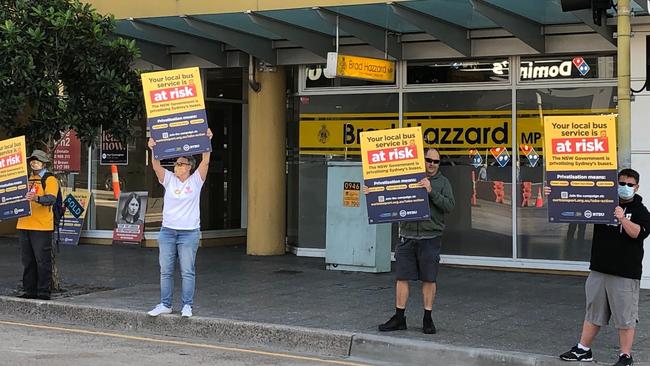 Anti-public bus privatisation demonstrators are concerned that services may be dropped if the NSW Government lets a private company run the buses. Picture: Jim O'Rourke