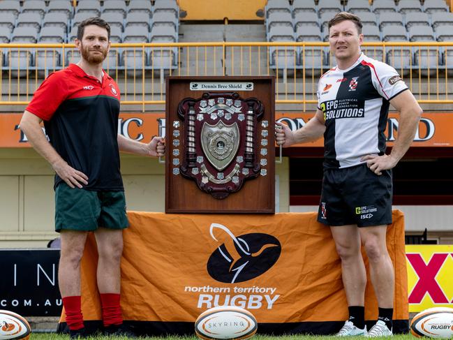 Marc Pilla and Robert Butcher ahead of the 2024-25 Darwin Rugby grand finals. Picture: Pema Tamang Pakhrin