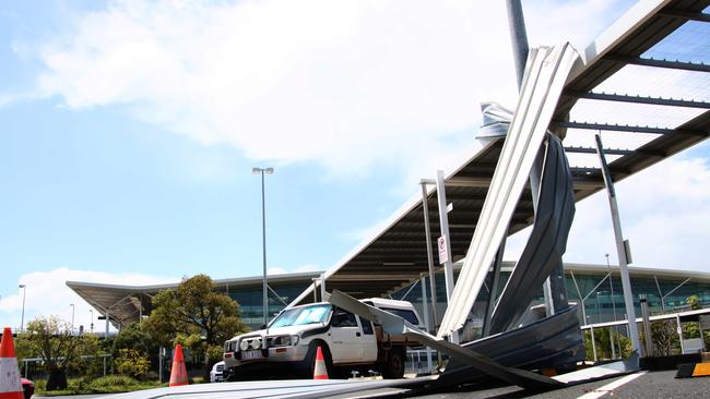 The Bureau confirmed there was a brief tornado at the Brisbane Airport at around 10am on Friday, as an intense storm passed through. Picture: David Clark