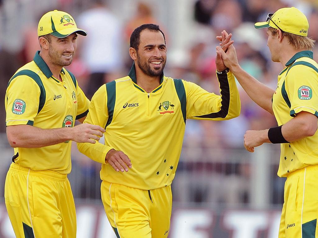 Fawad Ahmed (C) played T20 cricket for Australia – but never a Test match. Picture: AFP