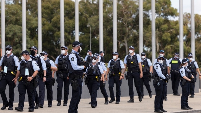 Around 150 police officers are standing guard outside the famous building. Picture: Brook Mitchell/Getty Images